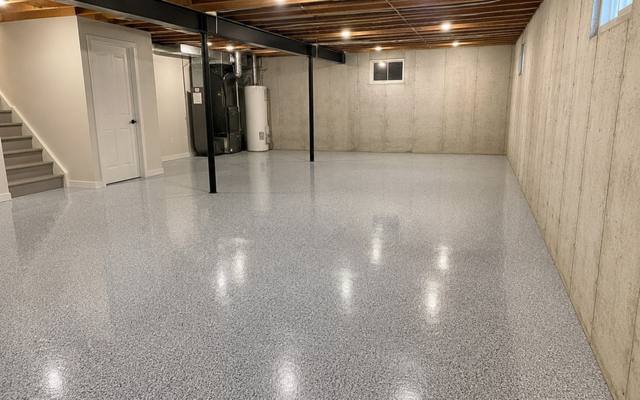 Grey flake epoxy floor in an unfinished basement in Southern Alberta