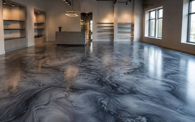 Blue-grey marbled metallic epoxy floor in an open room in Lethbridge