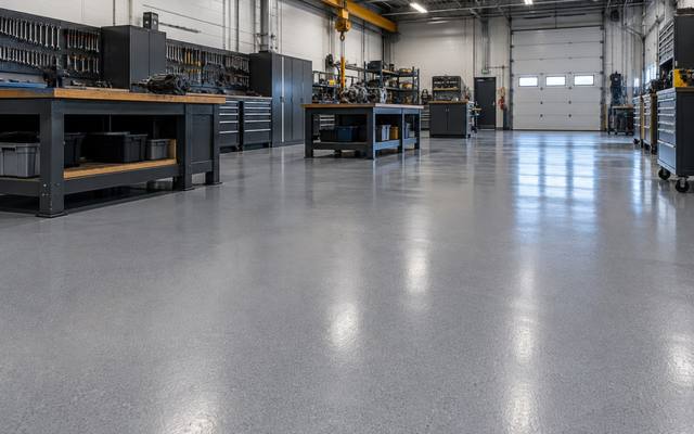 Grey epoxy floor in a maintenance shop in Lethbridge, Alberta