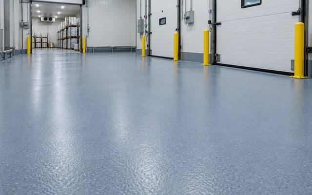 Blue-grey coated floor at a cold storage entry in Lethbridge